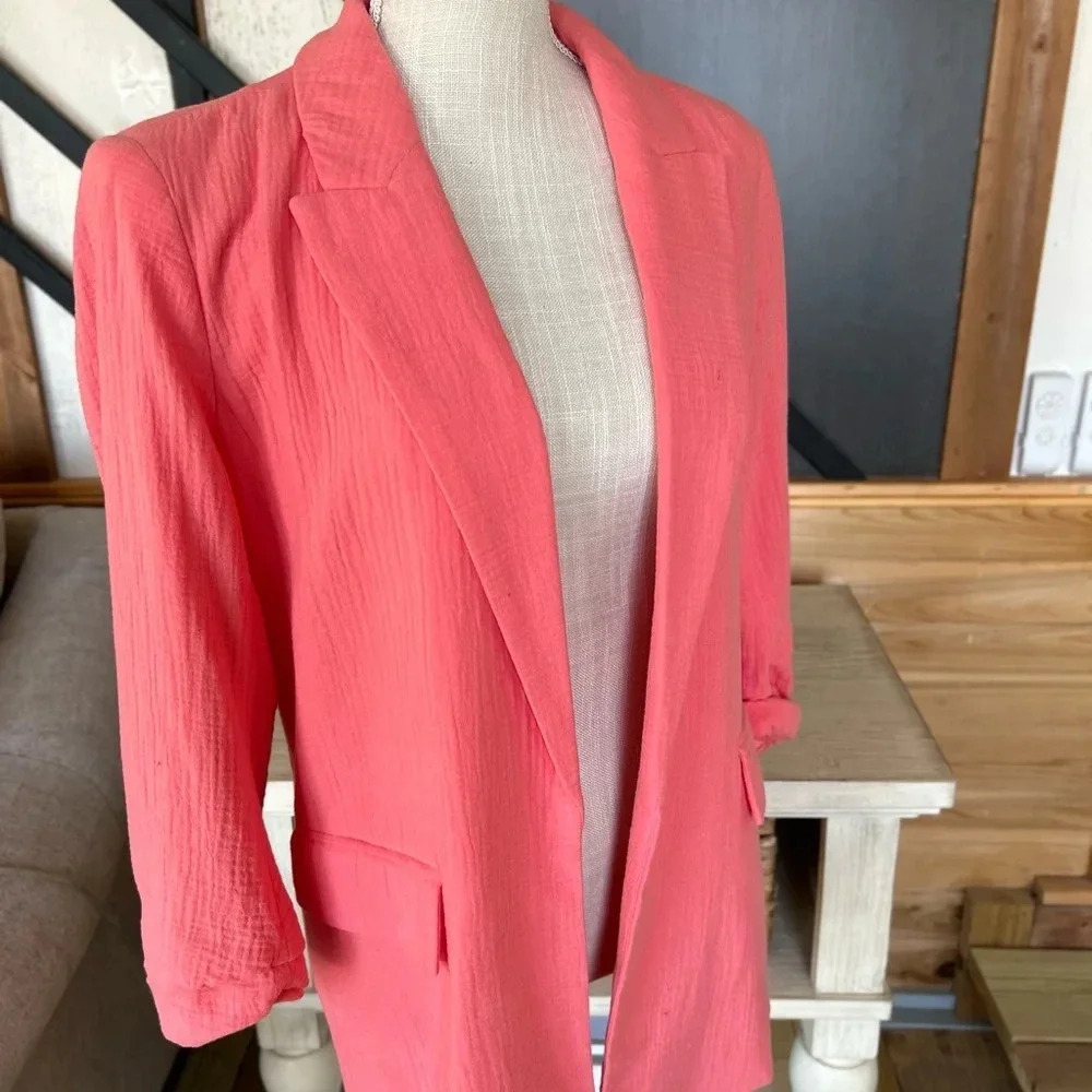 Nine West Women's Linen 3/4 Sleeve Button-Front Blazer flamingo pink size small